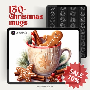 May include: A digital illustration of a white mug with a gingerbread man, cinnamon sticks, and whipped cream. The mug is decorated with a snowflake design. The image is surrounded by a green pine branch and red berries. The text "SALE 70%" is in a red starburst shape. The text "130+ Christmas mugs" is in the top left corner of the image. The text "procreate" is in the top left corner of the image.