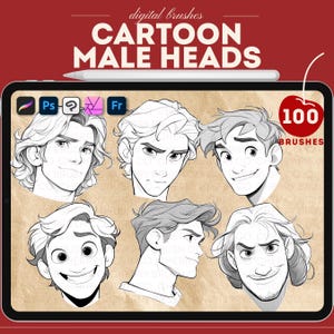 Sellos de cabezas masculinas con base de dibujos animados de Procreate. Sellos de caras de príncipes de dibujos animados de Procreate. Pinceles de caras de príncipes de dibujos animados de Photoshop. Clip Studio Paint