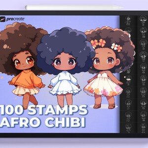May include: 100 digital stamps featuring Afro chibi characters with different hairstyles and outfits. The stamps are designed for use in the Procreate app.