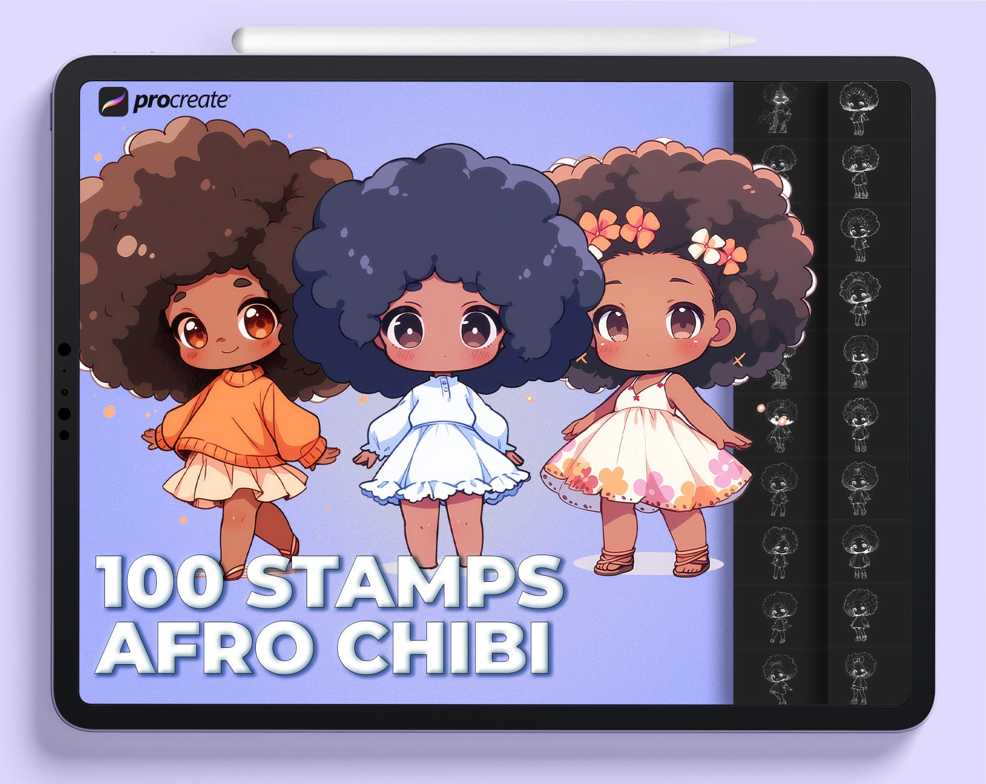 Sellos de poses chibi afro para Procreate y pinceles de cabello rizado — 100 pinceles Procreate que ahorran tiempo