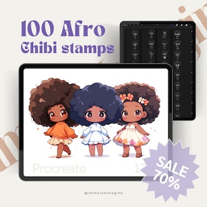 Könnte beinhalten: Eine digitale Illustration von drei schwarzen Mädchen mit Afrofrisuren, die verschiedene Outfits tragen. Die Illustration ist auf weißem Hintergrund und enthält den Text "Procreate" und "@Immerselmagine".