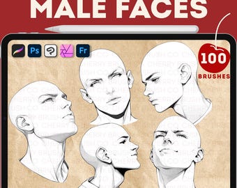 100 männliches Gesicht Stempel Pinsel Set: Procreate, Photoshop (Digital Brushes)