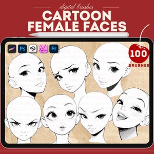 Procreate cartoon female face brushes. Procreate cartoon girl princess stamps. Photoshop cartoon base face, heads brushes. Clip studio paint