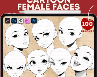 Pinceles de rostro femenino de dibujos animados para Procreate, Photoshop, Clip Studio Paint (descarga digital)