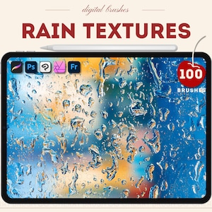 Op de afbeelding: Het scherm van een digitale tablet toont een close-up afbeelding van regendruppels op een raam. De afbeelding is wazig en de regendruppels zijn onscherp. De tekst "RAIN TEXTURES" wordt bovenaan het scherm weergegeven. Een rode cirkel met het nummer "100" en het woord "BRUSHES" wordt in de rechterbovenhoek van het scherm weergegeven.