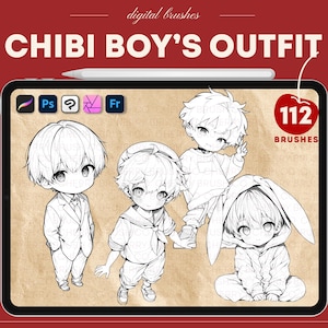 May include: A digital illustration set of 112 brushes for drawing chibi boys in different outfits. The illustration shows four chibi boys in various poses, wearing different outfits, including a sailor suit, a jacket, and a hoodie.