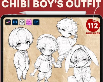 112 Chibi Boy-outfitborstels voor Procreate, Photoshop (digitale download)