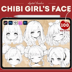 May include: A digital illustration of 100 different chibi girl's faces, each with unique hairstyles and expressions. The faces are drawn in black and white on a brown background. The text "100 BRUSHES" is visible in the top right corner of the image.