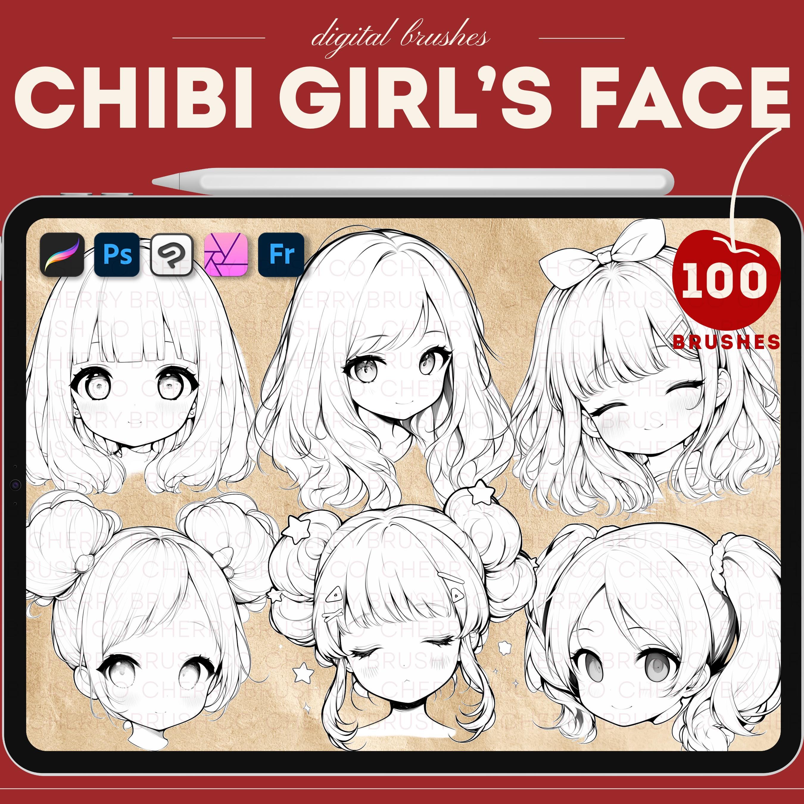 Sellos de Procreate caras de chibi chica y pinceles de Photoshop/Clip Studio – 100+ cabezas chibi adorables