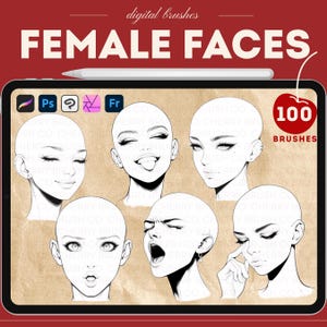 Procreate female face base stamps. Procreate emotional faces brushes. Photoshop woman face, heads brushes. Clip studio paint face brushes