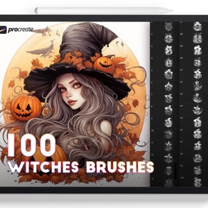 May include: A digital illustration of a witch with long grey hair wearing a black hat and holding a jack-o-lantern. The image is on a tablet screen with the text "100 Witches Brushes" and a preview of 100 different brushes.