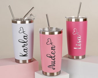 Personalized 20oz Engraved Tumbler, Custom Name Travel Mug, Stainless Steel Cups, Insulated Bridesmaid Tumbler, Tumbler with Straw