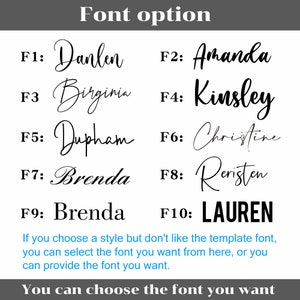 May include: A chart with 10 different font styles for names. The fonts are labeled F1 through F10. The text below the chart says "If you choose a style but don't like the template font, you can select the font you want from here, or you can provide the font you want. You can choose the font you want."