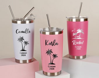 Personalized Vacation Skinny Tumbler, Girl's Weekend Cups, Beach Trip Water Bottle, Custom Travel Mug with Straw, Bachelorette Gift