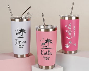 Personalized Beach Tumbler for Girl's Trip, Vacation 20 oz Tumbler Girls Weekend Gift, Custom Name Travel Mug, Stainless Steel Cups