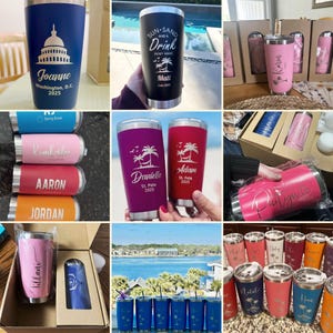 May include: A collection of personalized stainless steel tumblers in various colors, including blue, pink, and red. Each tumbler features custom laser-engraved text and designs, such as names, dates, and graphics of palm trees and landmarks.