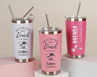 Personalized 20oz Holiday Tumbler, Custom Travel Mug, Beach Tumbler, Stainless Steel cup, Girls Weekend Gift, Laser Engraved Tumbler