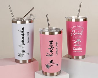 Custom Girl's Trip Tumbler, Travel Mug, Personalized 20 oz Name Tumbler, Stainless Steel Cup Straw, Bridesmaid Gift, Birthday Cups