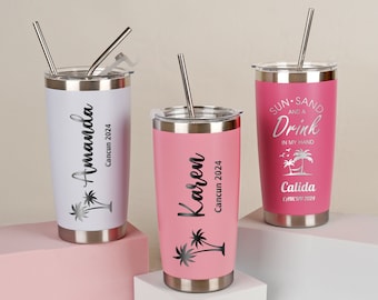 Custom Girl's Trip Tumbler, Travel Mug, Personalized 20 oz Name Tumbler, Stainless Steel Cup Straw, Bridesmaid Gift, Birthday Cups