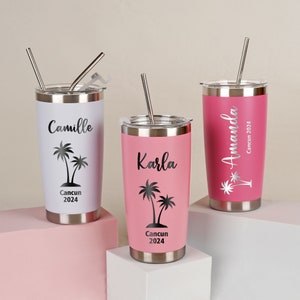 Gepersonaliseerde strandbeker voor meidenreis, vakantie 20 oz beker weekendcadeau meisjes, aangepaste naam reismok, roestvrijstalen bekers