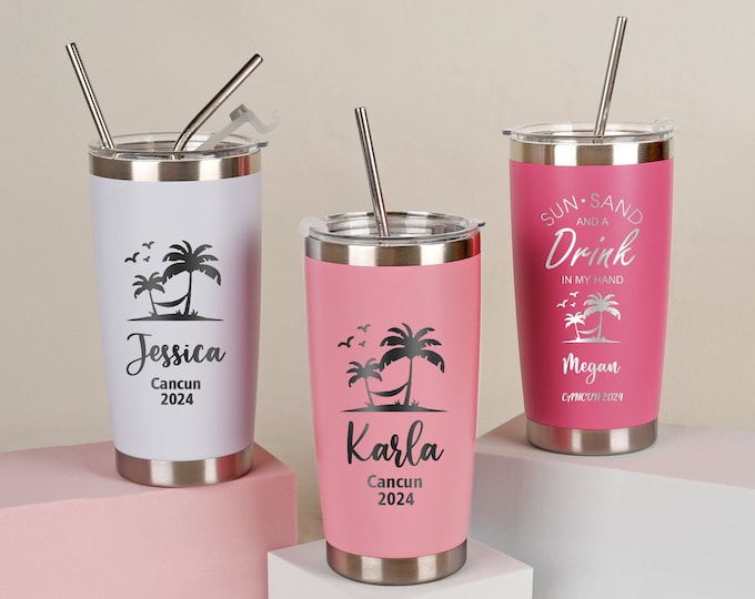 Custom 20oz Holiday Tumbler, Personalized Tumbler, Girls trip gifts, Travel Mug, Laser Engraved Cups, Stainless Steel Mug, Beach Tumbler