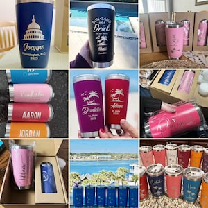 Op de afbeelding: Een verzameling gepersonaliseerde roestvrijstalen bekers in verschillende kleuren, waaronder blauw, roze en rood. Elke beker heeft aangepaste lasergegraveerde tekst en ontwerpen, zoals namen, data en afbeeldingen. Sommige bekers zijn verpakt in kartonnen dozen.