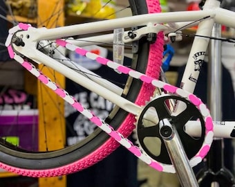 White and Pink Bike Chain Cover | Grease Protection + Customizable Bike Accessory | Fits Kids Bikes, BMX, Cruisers + E-bikes