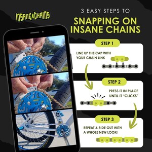Puede incluir: Imagen de un smartphone que muestra instrucciones para instalar Insane Chains. Los pasos son: alinear la tapa, presionar hasta que haga clic y repetir para una nueva apariencia. El logotipo de Insane Chains est&aacute; en la parte superior.