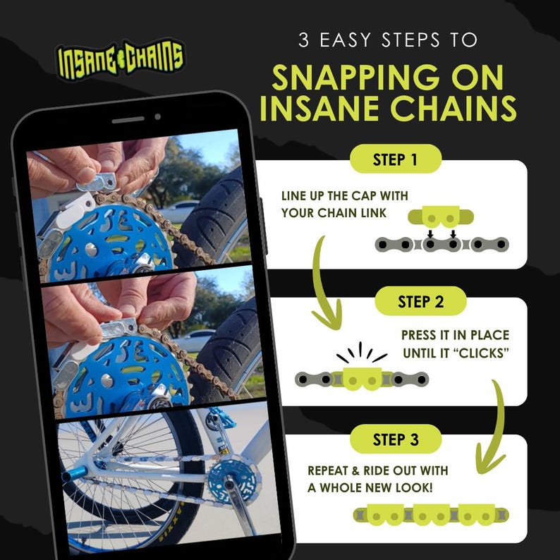 Puede incluir: Imagen de un smartphone que muestra instrucciones para instalar Insane Chains. Los pasos son: alinear la tapa, presionar hasta que haga clic y repetir para una nueva apariencia. El logotipo de Insane Chains est&aacute; en la parte superior.