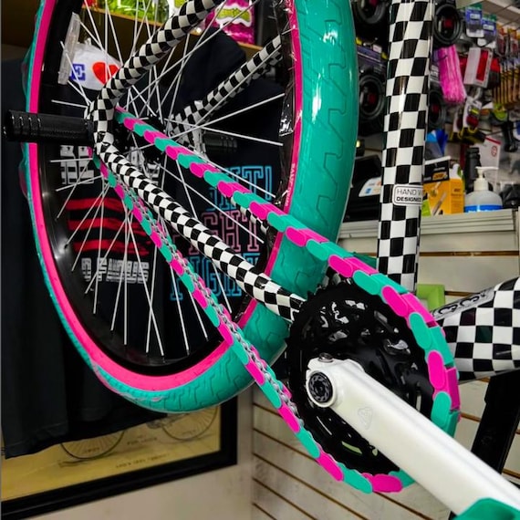 BMX Bike Accessories – Teal and Pink Bike Chain Covers – Snap-On Chain Caps – Fits 1/2 x 1/8 Single Speed