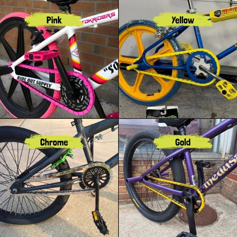 May include: Four BMX bikes with different color schemes. One bike has pink accents, another has yellow, a third has chrome, and the last one has gold. Each bike has a unique design and color combination.