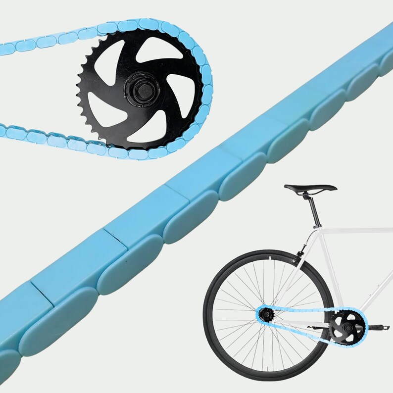 May include: A light blue bicycle chain and sprocket are shown against a white background. The chain is made of connected links. A black sprocket is connected to the chain. A white bicycle with a black wheel is also shown.
