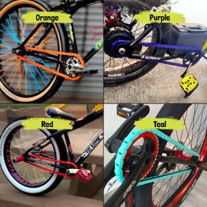 May include: Four images of bicycles with colored chains and accents. The first bike has orange chain and spokes, the second has a purple chain, the third has a red chain, and the fourth has a teal chain. Each bike has a different color scheme.