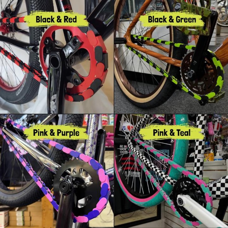 May include: Four bicycle chain guard designs are shown, each with a different color scheme. The options include Black & Red, Black & Green, Pink & Purple, and Pink & Teal. Each guard is wrapped around the chain and sprocket.