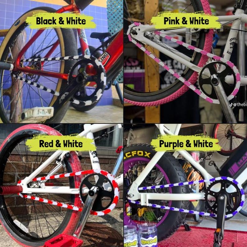 May include: Four BMX bikes with different color schemes. The bikes feature black and white, pink and white, red and white, and purple and white chain guards and tires. Each bike has a different color combination, with the text labels above each bike.