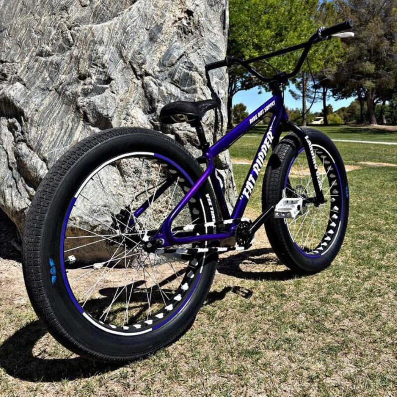 May include: A purple and black "Fat Ripper" bicycle with thick tires is parked next to a large rock. The bike has a black seat, handlebars, and frame accents. The wheels have a blue and white design.