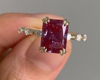 Emerald Cut Ruby Engagement Ring, Moissanite Side Stones, 10K Gold