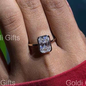 3ct Radiant Cut Bezel Set Solitaire Ring | Moissanite Engagement Ring in 14k Gold | Modern Dainty Jewelry Gift for Her | Size 5-10