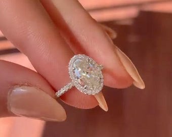 Oval Halo Moissanite Engagement Ring, 14k White Gold Half Eternity Wedding Band