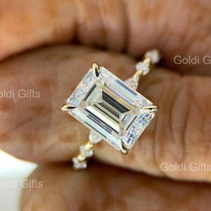 3ct Emerald Cut Moissanite Engagement Ring 14K Gold | Solitaire Hidden Halo Ring | Vintage Style Bridal Ring | Goldi Gifts