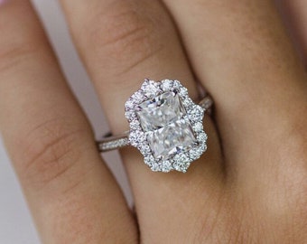 Radiant Cut Moissanite Engagement Ring, 14K White Gold Halo Wedding Ring