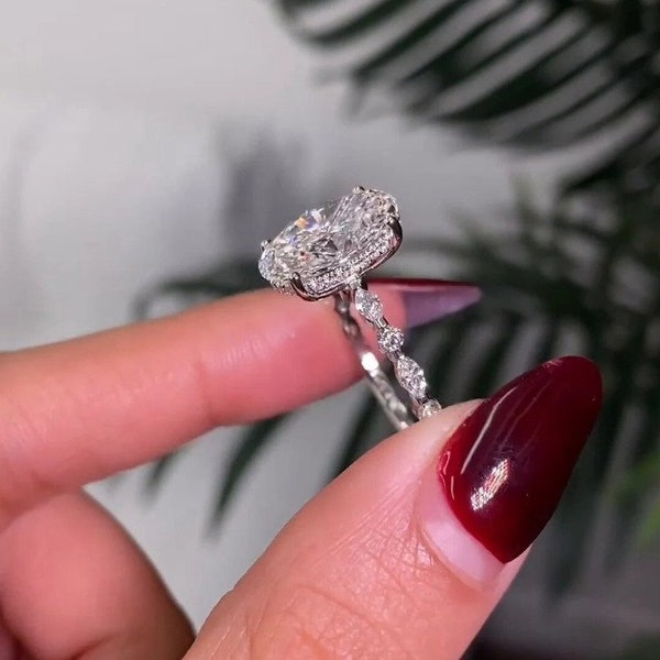 4 CT Oval Moissanit Verlobungsring, 14K Weißgold, VVS, Marquise & Runde Seitensteine, Solitär Ehering, Handgemachtes Jubiläumsgeschenk