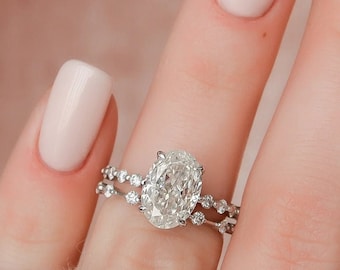 Oval Cut Moissanite Engagement Ring Set 14K White Gold Wedding Band Bridal Set