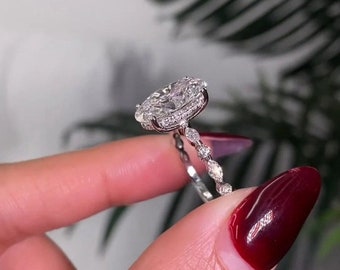 4 CT Oval Moissanit Verlobungsring, 14K Weißgold, VVS, Marquise & Runde Seitensteine, Solitär Ehering, Handgemachtes Jubiläumsgeschenk