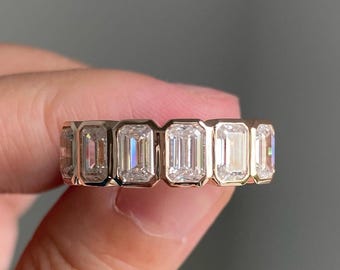 Emerald Cut Eternity Band Bezel Set Moissanite Wedding Band 5*3 mm Emerald Cut Moissanite Band Stackable Diamond Band Women Engagement Ring