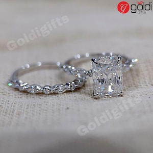 4 CT Radiant Cut Bridal Set Moissanite Diamond Hidden Halo Engagement Ring Set 14K Gold Wedding Ring With Matching Band Anniversary Ring Set