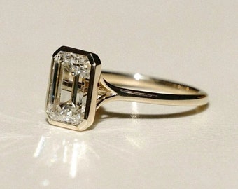 3.5CT Emerald Cut Moissanite Engagement Ring, Full Bezel Set, Hybrid Moissanite, DEF Color VVS+ Clarity, 10K 14K 18K Gold or Platinum