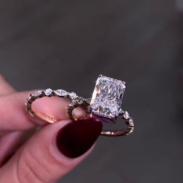 4 CT Radiant Cut Bridal Set Moissanite Diamond Hidden Halo Engagement Ring Set 14K Gold Wedding Ring With Matching Band Anniversary Ring Set