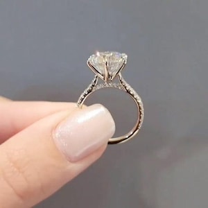 Vintage Cathedral Setting Engagement Ring, 3.50CT Round Moissanite, Hidden Pave Bridge, Art Deco Eternity Wedding Ring for Women