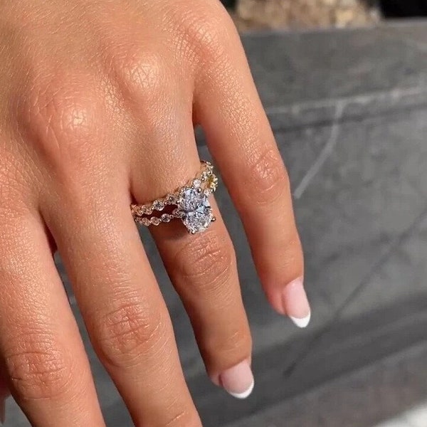 2CT Oval Moissanite Engagement Ring With Single Prong Eternity Band 14K Solid White Gold Wedding Ring For Women Anniversary & Promise Ring